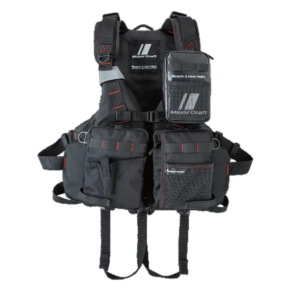 CHALECO DE PESCA MAJORCRAFT OKAPPARI COLOR NEGRO CON DETALLES ROJOS